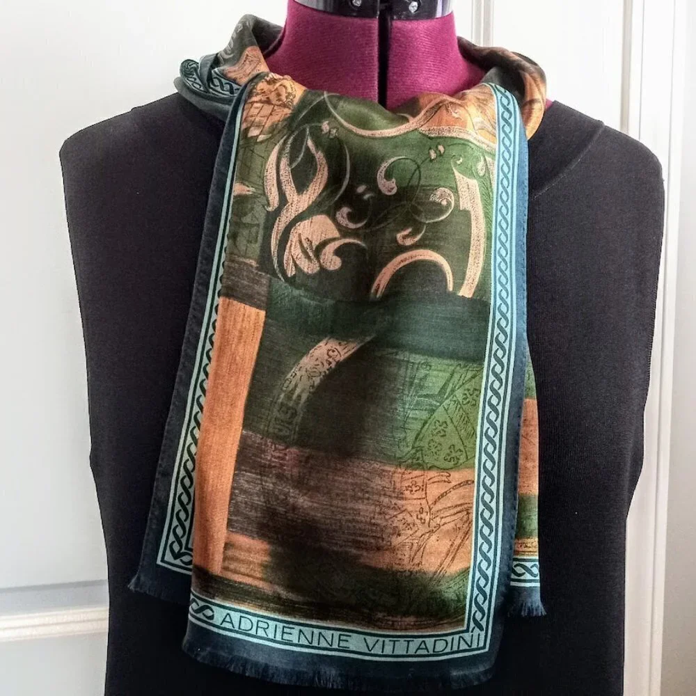Vintage Adrienne Vittadini Equestrian Print Silk Fringed Oblong Scarf